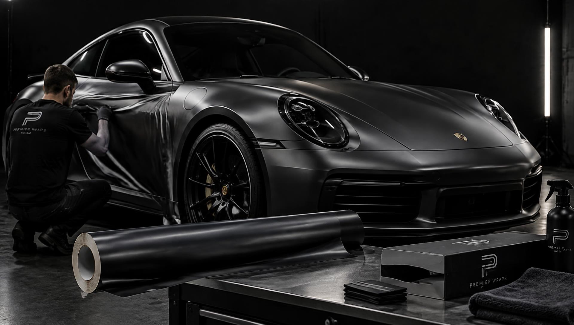 Satin graphite wrap being installed on a sports car